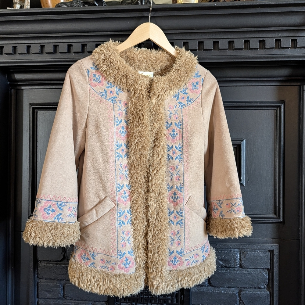 Snidel Penny Lane Faux Shearling Embroidered Jacket – 70s Boho Coat Small